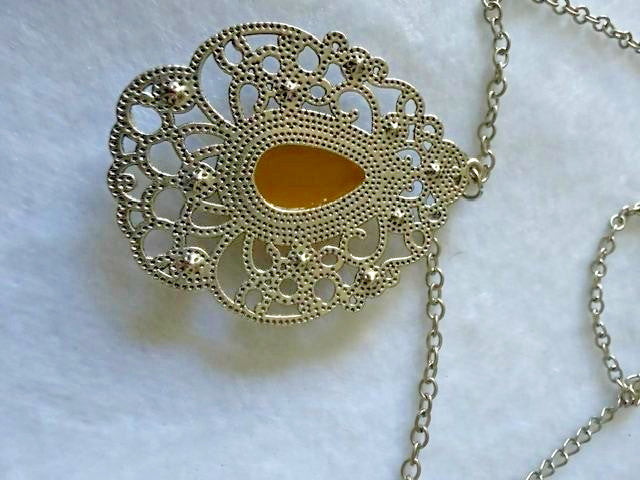 Vintage Silver Tone Filigree Amber Teardrop Pendant Necklace Rhinestone Accent 3