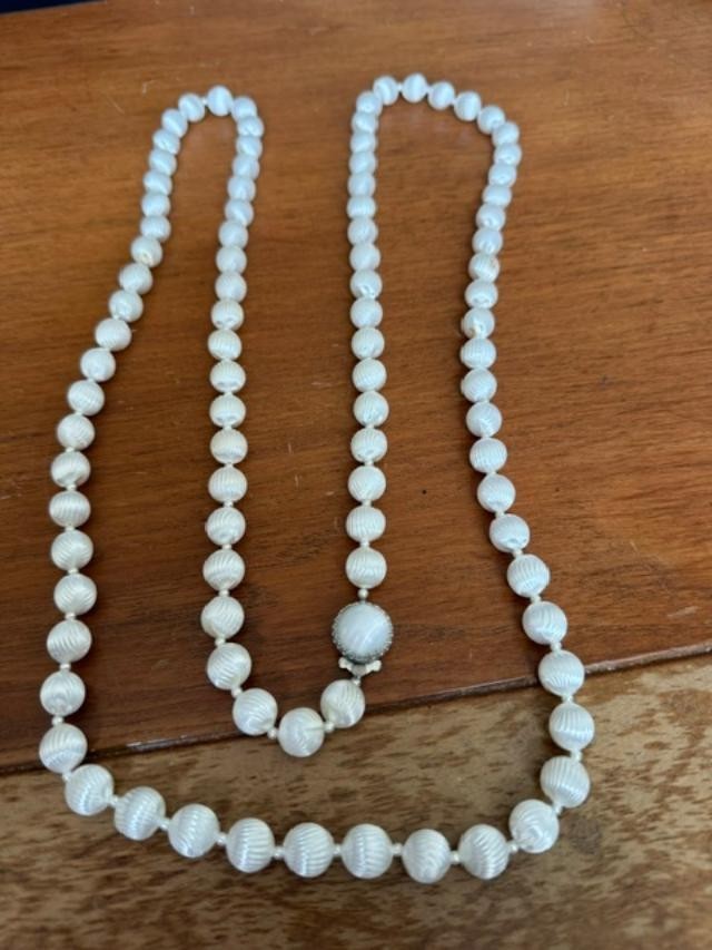 vintage long white carved plastic / acrylic bead necklace, approx. 55 inches