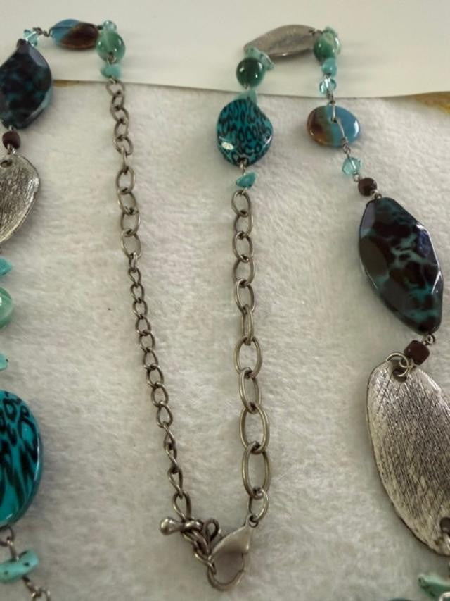 Boho Long Station Necklace Silver Tone Teal Resin Glass Beads Turquoise Chips 34