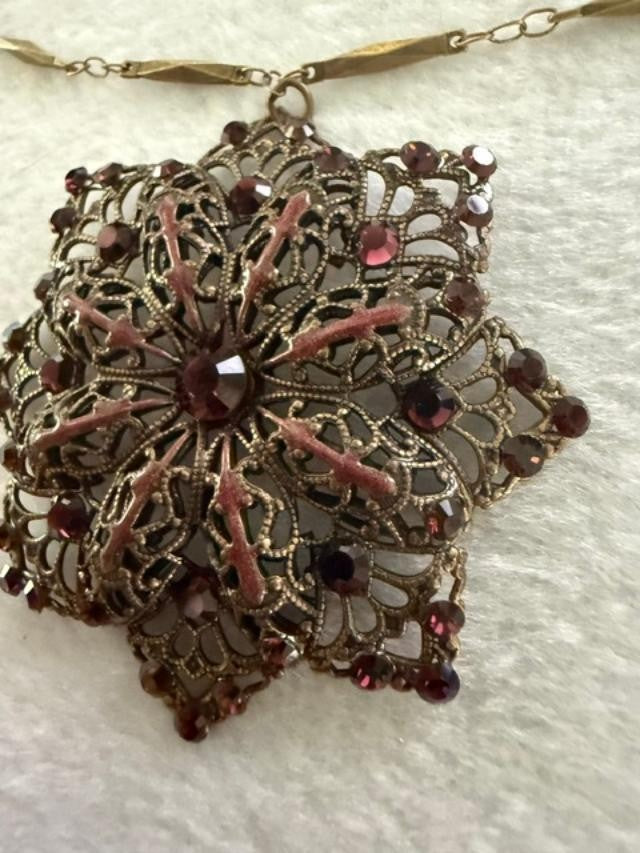 Anne Koplik Designs Filigree Flower Pendant Necklace Red Rhinestone 19"