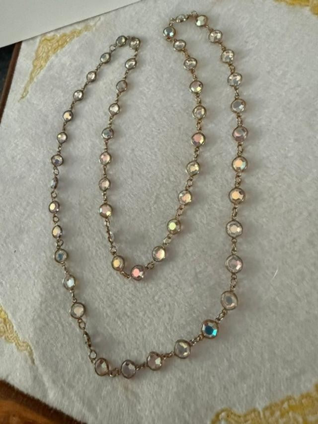 Gold Tone Aurora Borealis Crystal Station Necklace 17" Faceted No Clasp