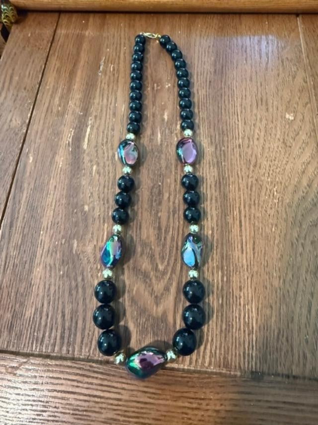 24" Black Bead Iridescent Statement Necklace Gold Tone Clasp