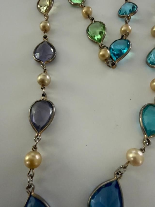 Long Multicolor Teardrop Glass Faux Pearl Station Necklace 54"