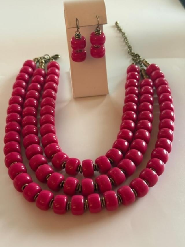 Pink Beaded Necklace & Earrings Set Triple Strand 15" Statement Jewelry