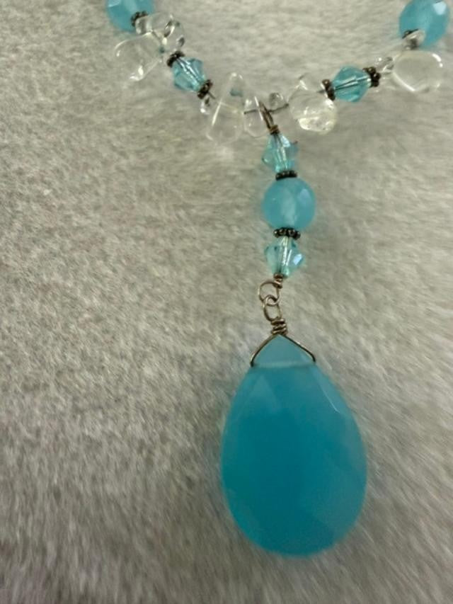 Handmade Aqua Glass Teardrop Pendant Necklace Clear Glass Crystal Beads 17"
