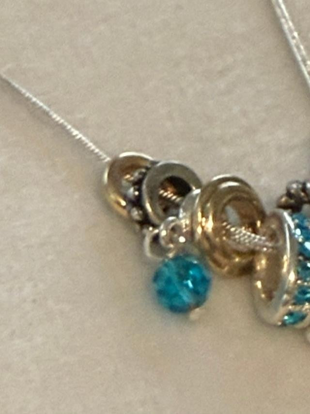 Mixed Metal Ring Cluster Necklace Blue Rhinestone Charm 21 Inch