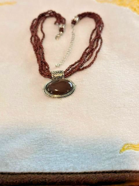 Vintage Brown Seed Bead Multi Strand Glass Cabochon Pendant Necklace 17"