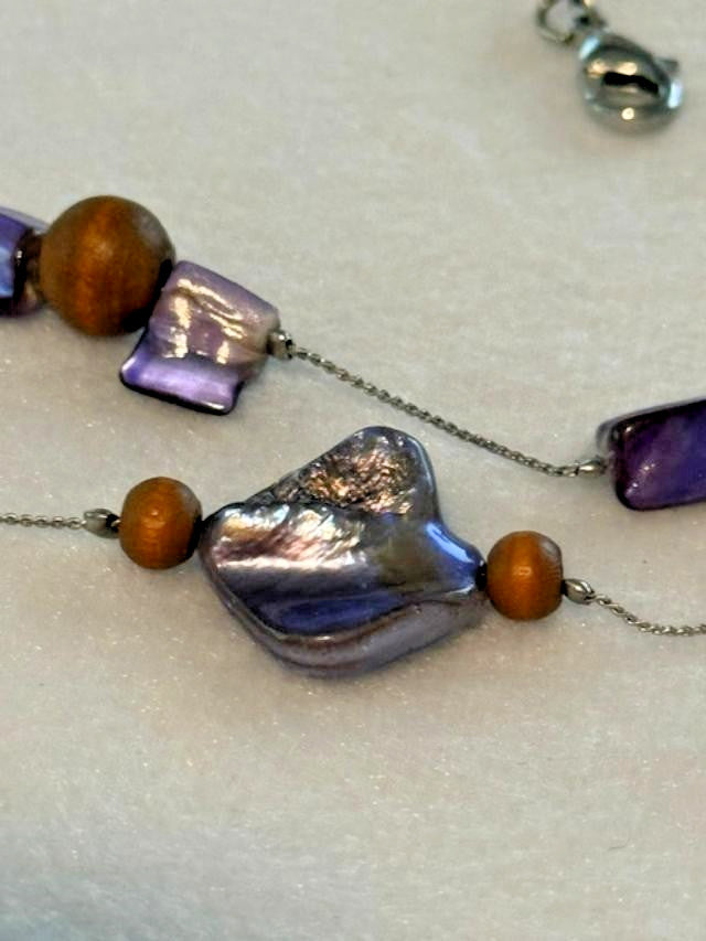 Purple Shell Wood Bead Double Strand Necklace 33 Inch Boho Statement