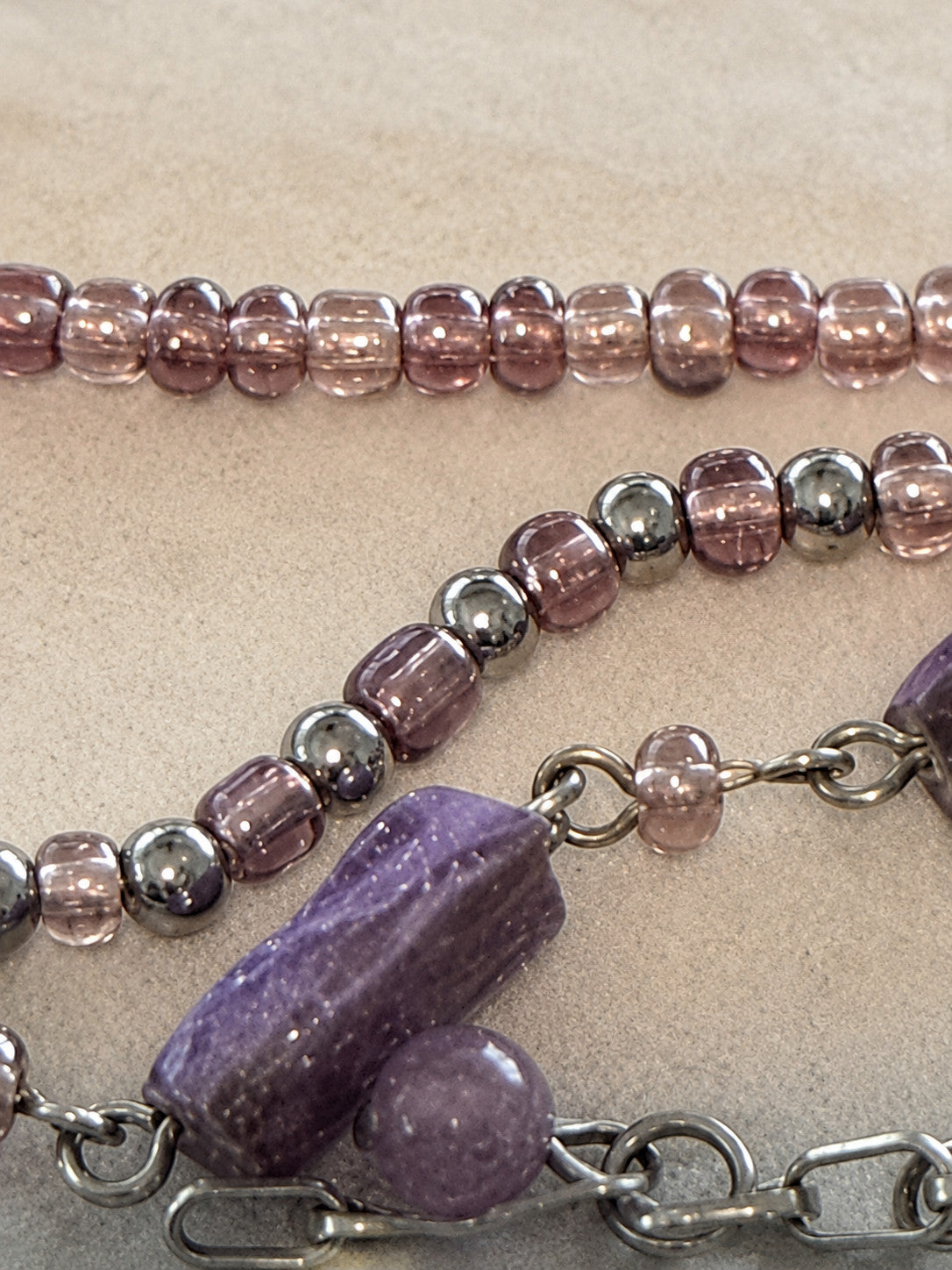 Purple Bead Owl Elephant Charm Multi Strand Necklace 18 Inch Silver Tone