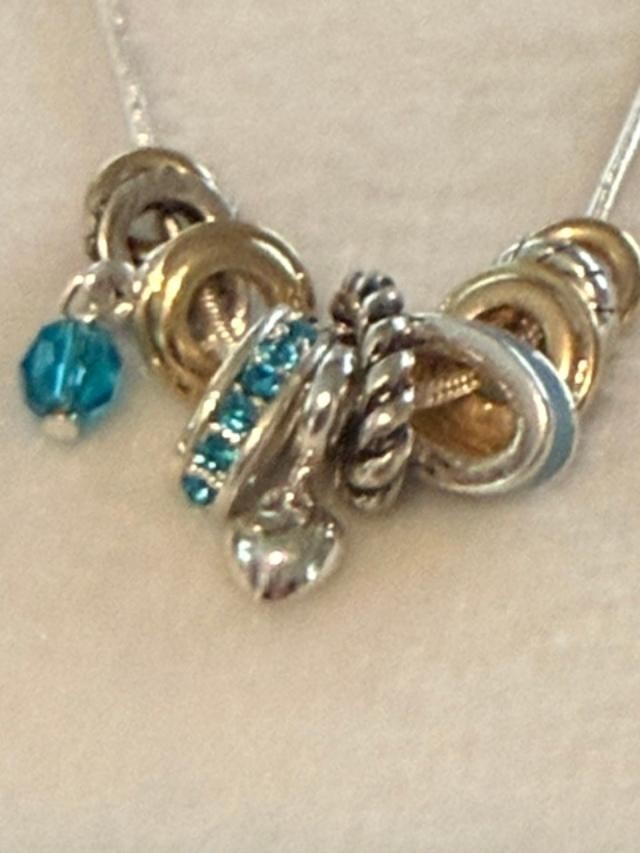 Mixed Metal Ring Cluster Necklace Blue Rhinestone Charm 21 Inch