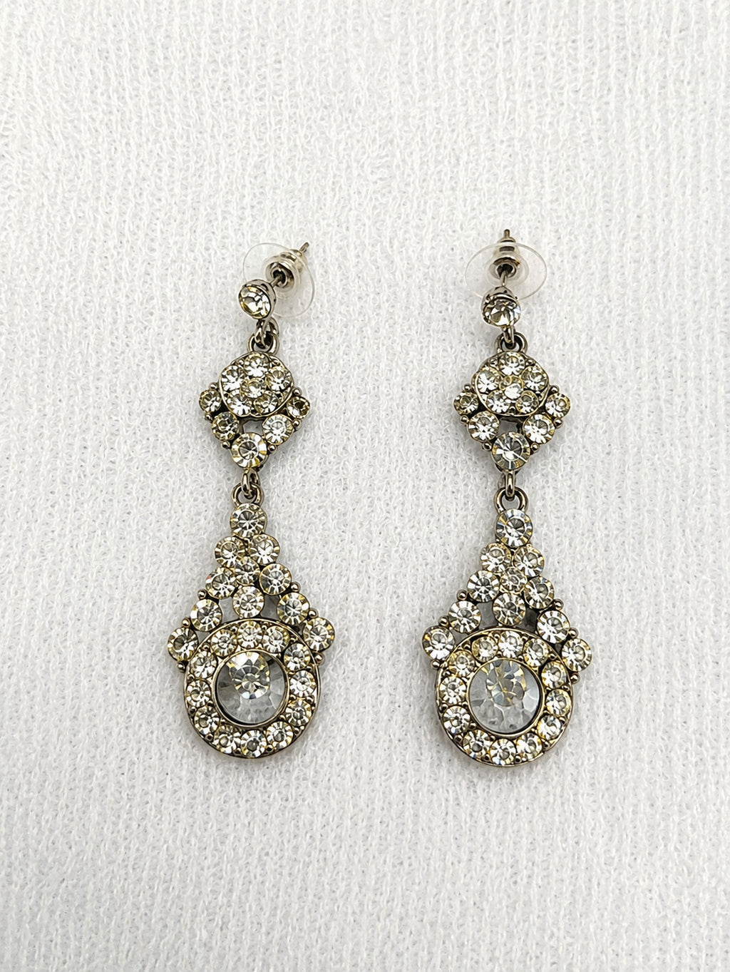 Clear Rhinestone Teardrop Dangle Earrings Silver Tone Pierced 2.25"
