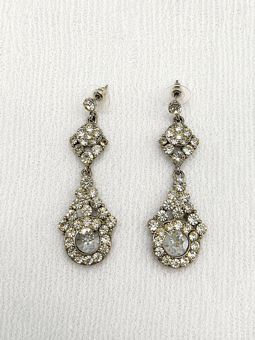 Clear Rhinestone Teardrop Dangle Earrings Silver Tone Pierced 2.25"