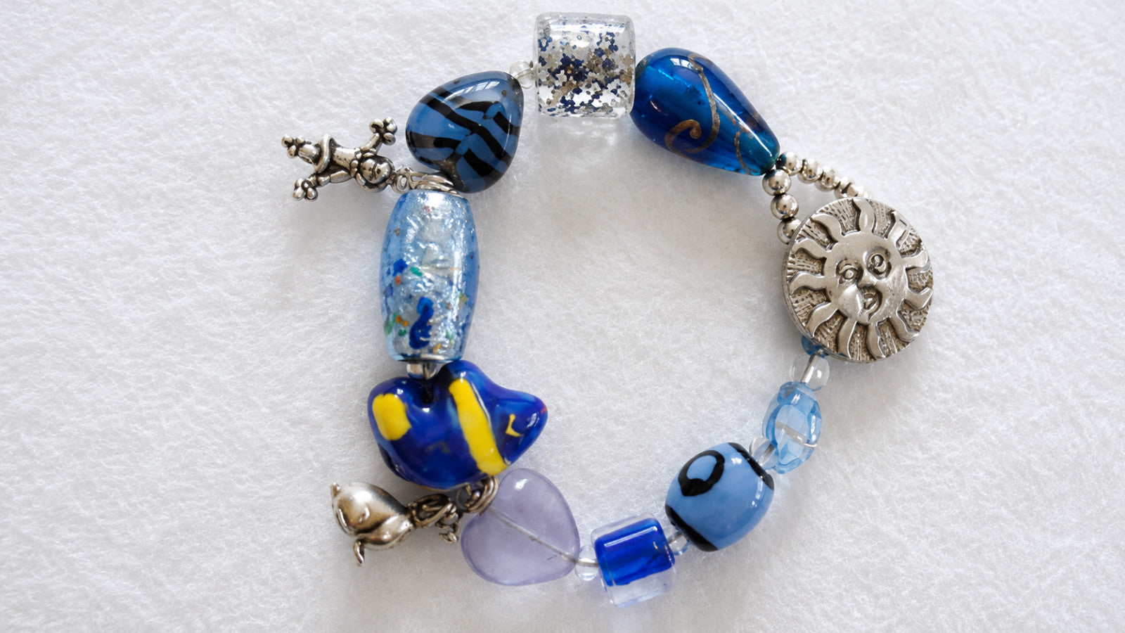 Handmade Blue Lampwork Glass Bracelet Sun Dog Cheerleader Charms 3"