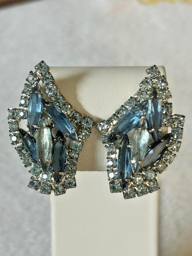 Vintage Blue Navette Rhinestone Clip On Earrings Silver Tone Mid Century Glam
