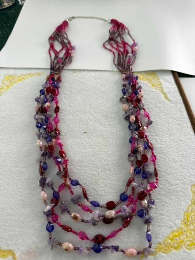 Multi Strand Boho Beaded Necklace Matching Earrings Purple Pink Set 30 inch