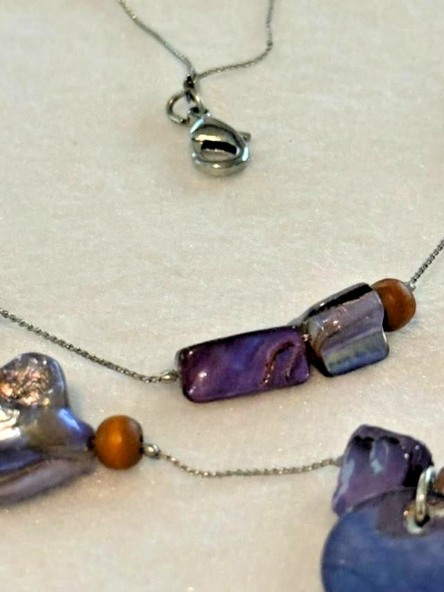 Purple Shell Wood Bead Double Strand Necklace 33 Inch Boho Statement