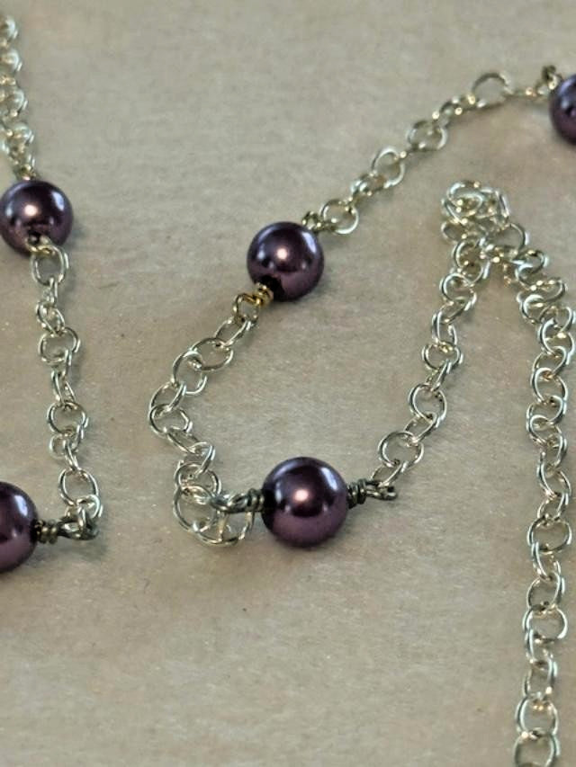 Long Silver Tone Purple Faux Pearl Station Necklace 40 Inch