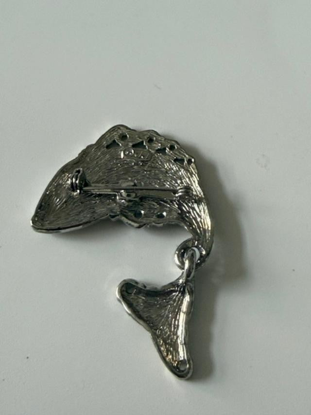 Vintage JJ Jonette Pewter Fish Brooch Articulated Tail AB Rhinestone Eye