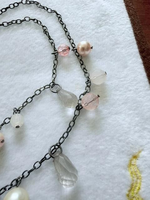 Gunmetal Double Strand Necklace Pink Beads Faux Pearls Gray Teardrops 22"