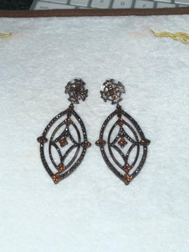 Art Deco Style Gunmetal Cognac Rhinestone Openwork Dangle Earrings 3 Inch