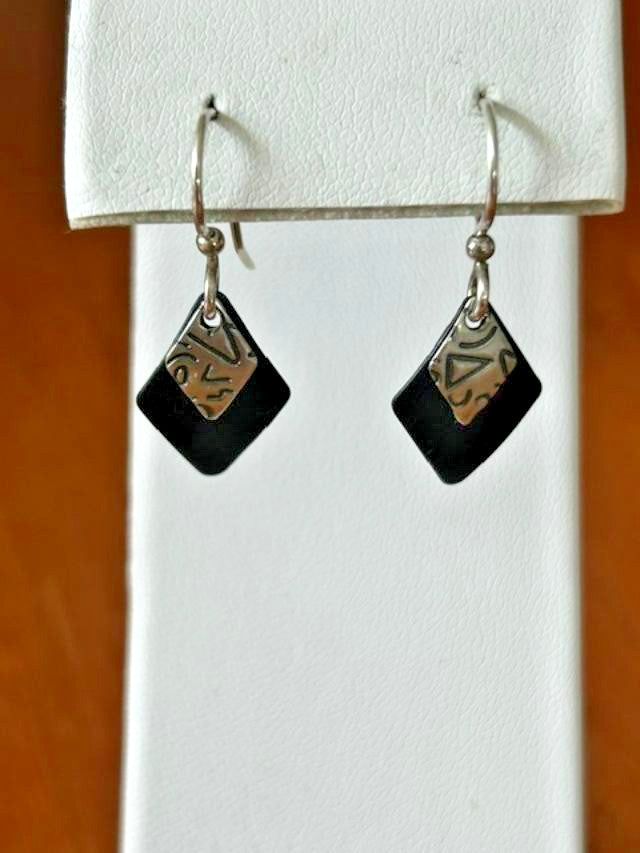 Black & Silver-Tone Geometric Diamond Dangle Earrings Fishhook