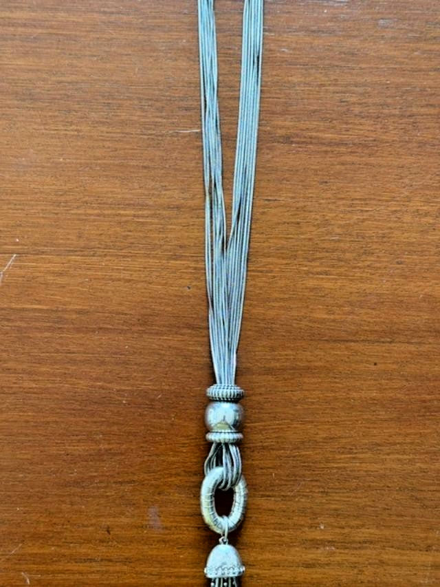 Chico’s Silver Tone Multi Strand Chain Tassel Necklace 33” Long 8” Pendant