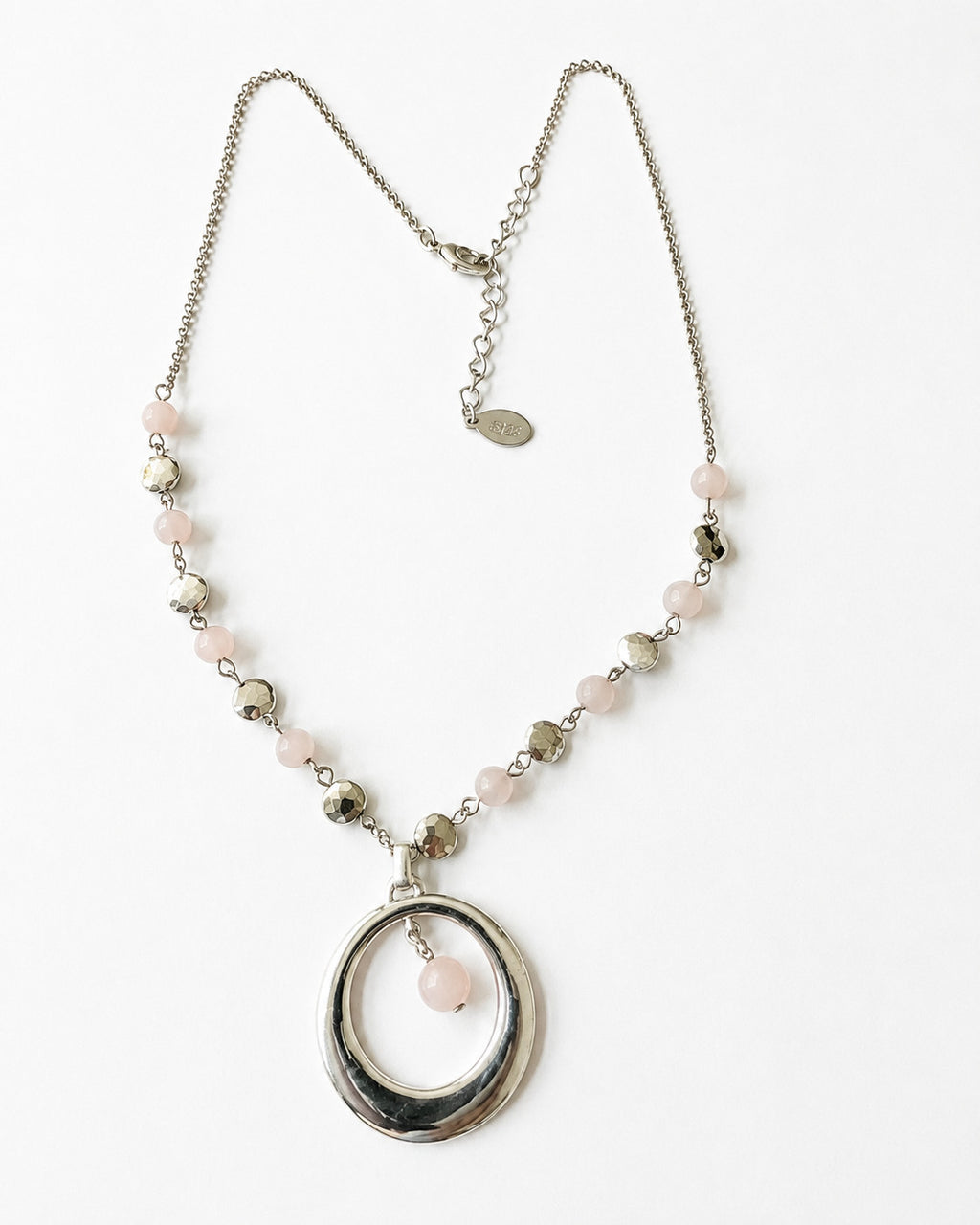 Signed A&C Oslo Silver Tone Pink Bead Circle Pendant Necklace 20”