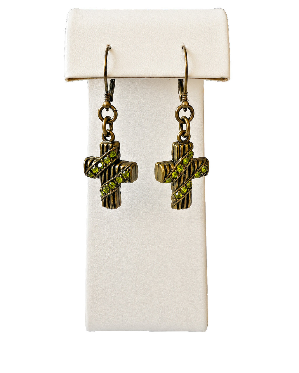 Antique Bronze Cross Dangle Earrings Green Rhinestone Pierced Drop Jewelry