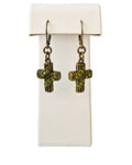 Antique Bronze Cross Dangle Earrings Green Rhinestone Pierced Drop Jewelry