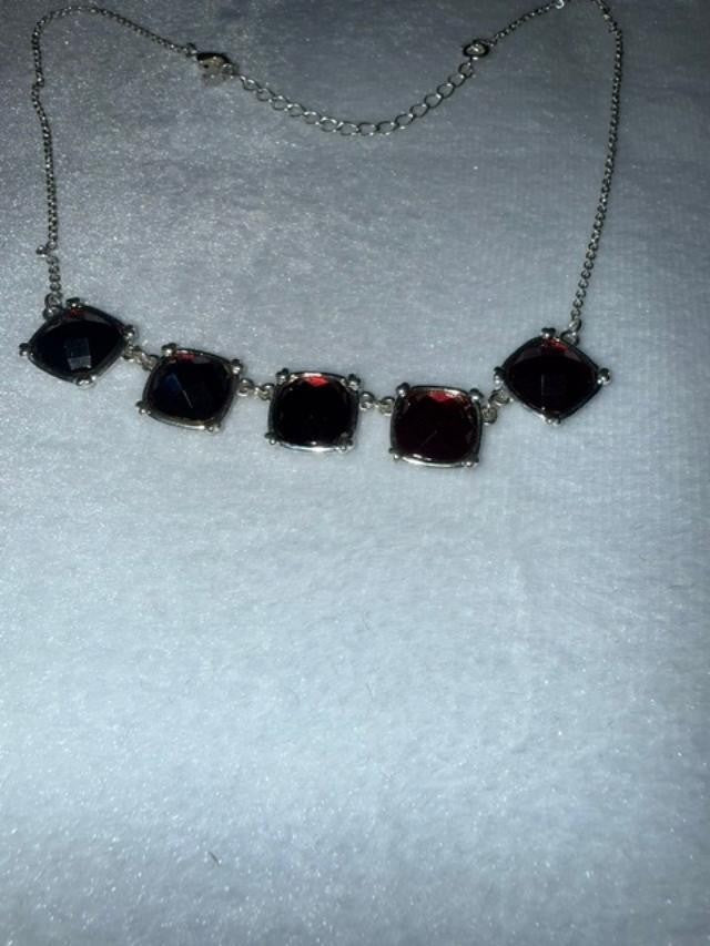 Garnet Red Faceted Glass 5-Stone Silver Tone Necklace 16-19