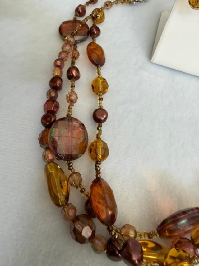 You & I Amber Brown Multistrand Beaded Necklace Earrings Set Boho