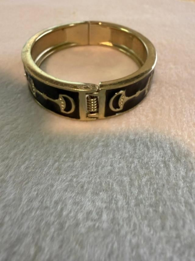 Vintage Black Enamel Rhinestone Hinged Bangle Bracelet Gold Tone Art Deco Style