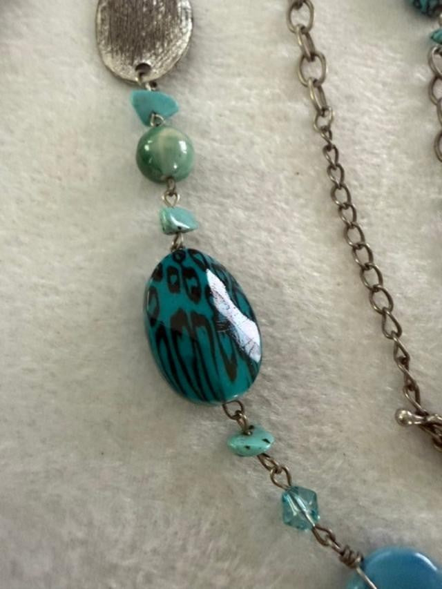 Boho Long Station Necklace Silver Tone Teal Resin Glass Beads Turquoise Chips 34
