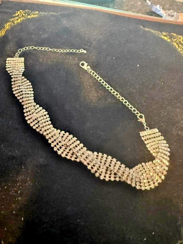 Silver Tone Clear Rhinestone Woven Mesh Choker Necklace Adjustable 17"