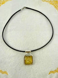 Artisan Art Glass Pendant Necklace 18" Brown Leather Cord Silver Tone Gold glass