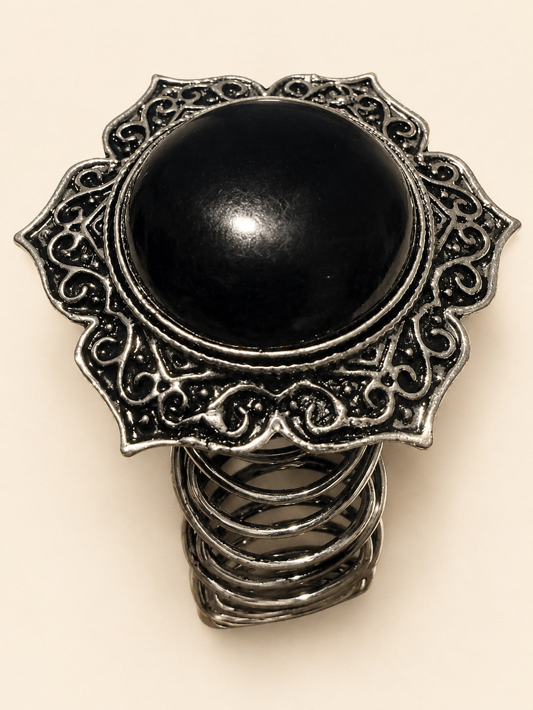 Vintage Silver Tone Black Cabochon Wide Cage Cuff Bracelet Openwork Statement