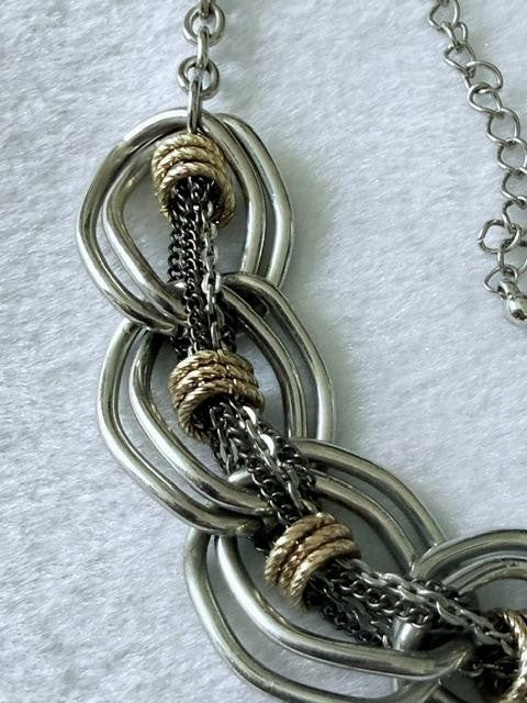 Mixed Metal Chunky Oval Link Multi Strand Statement Necklace Silver Gold Tone