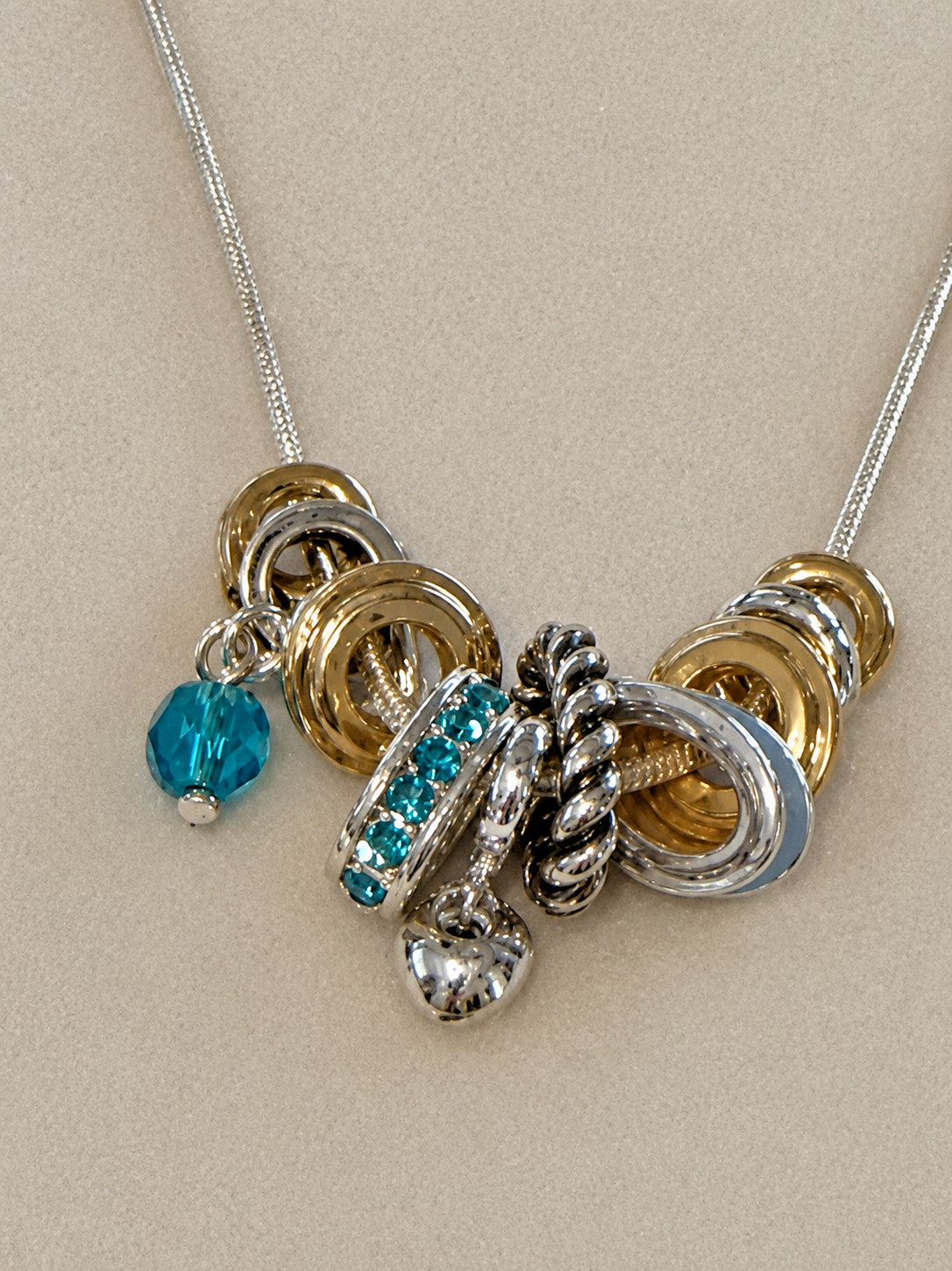 Mixed Metal Ring Cluster Necklace Blue Rhinestone Charm 21 Inch