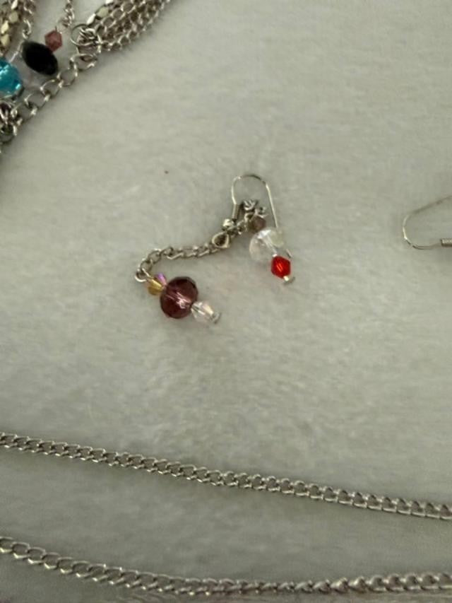You & I Multi Strand Silver Tone Crystal Bead Necklace Earrings Set 35"