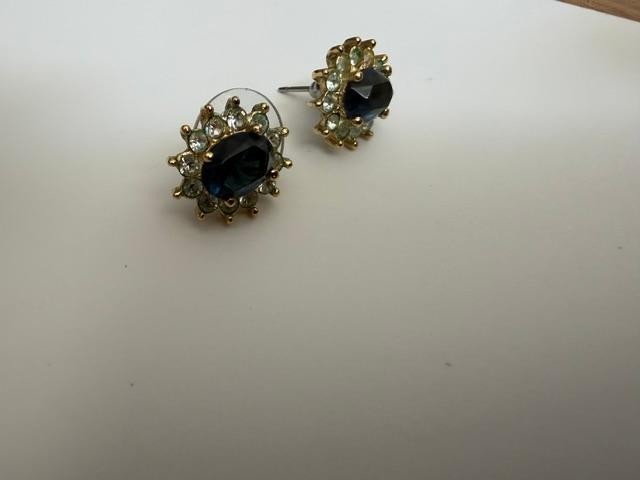 Earrings Glass Blue simulated  Sapphire and Rhinestone Post Stud
