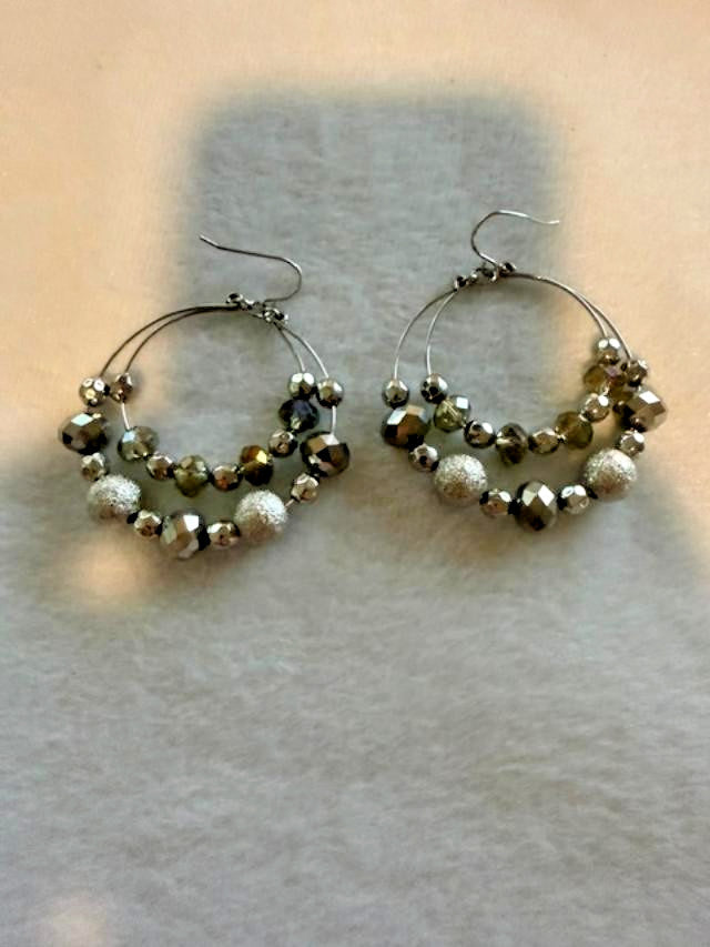 Silver Tone Double Hoop Smoky Faceted Bead Dangle Earrings