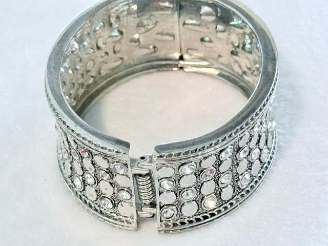 Silver Tone Clear Rhinestone Mosaic Hinged Cuff Bracelet 1.25 approx. inch Wide