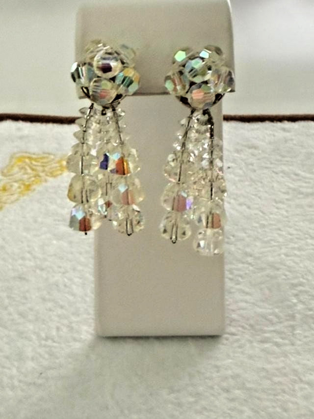 Vintage AB Crystal Bead Cluster Dangle Clip On Earrings Clear Aurora Borealis