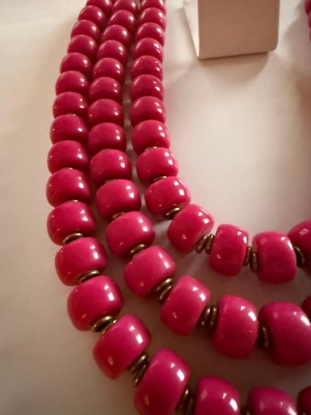 Pink Beaded Necklace & Earrings Set Triple Strand 15" Statement Jewelry