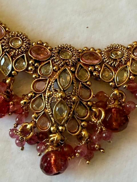 Pink Kundan Style Bib Necklace Gold Tone Beaded Drops Adjustable Tassel