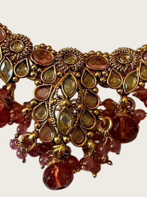 Pink Kundan Style Bib Necklace Gold Tone Beaded Drops Adjustable Tassel
