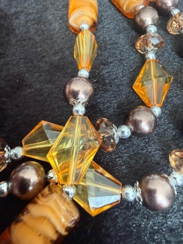 Amber Color  Glass Three Strand Necklace. Hook on Earring Set