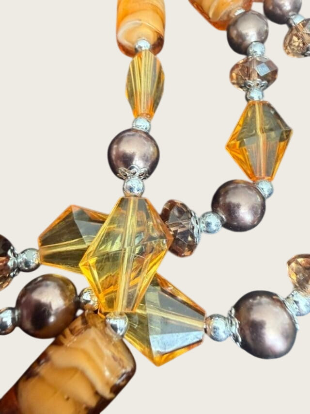 Amber Color  Glass Three Strand Necklace. Hook on Earring Set