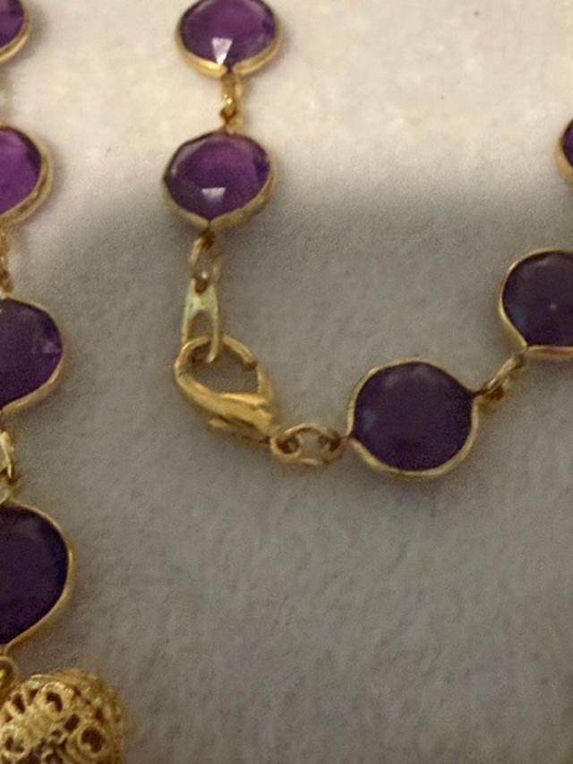 Vintage Purple Glass Bezel Link Necklace Faux Pearl Gold Tone 33"