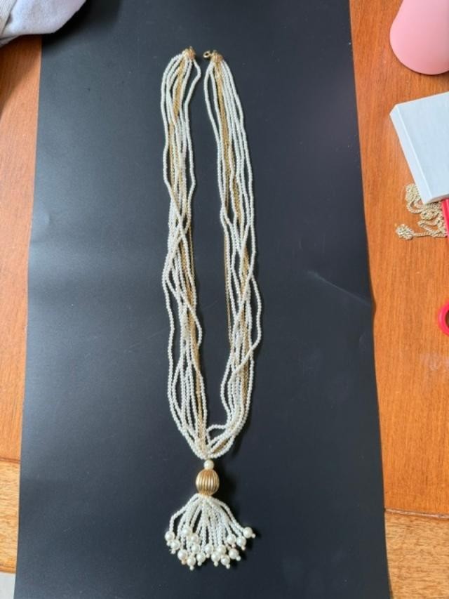 Vintage Faux Pearl Gold Tone Multi Strand Tassel Statement Necklace 28 Inch